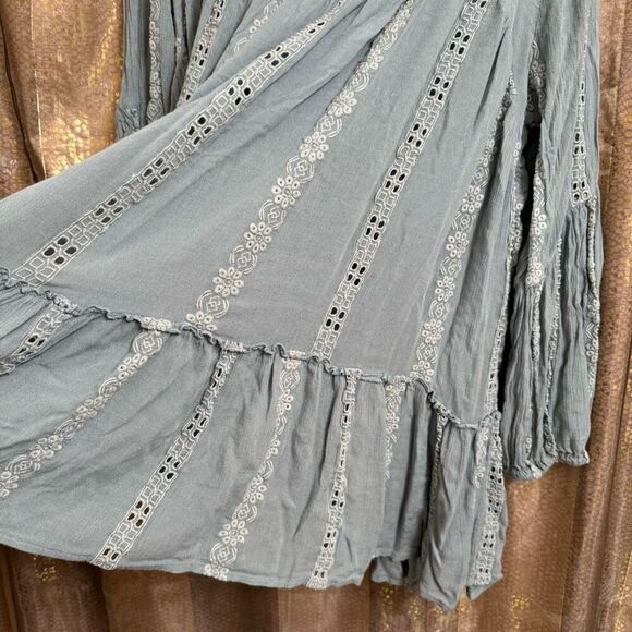Free People Kiss Kiss Light Teal Boho Tunic Flowy Eyelet Dress Large - Picture 6 of 10